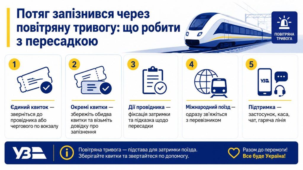 Потяг запізнився через повітряну тривогу: чи можна повернути квиток на пересадку