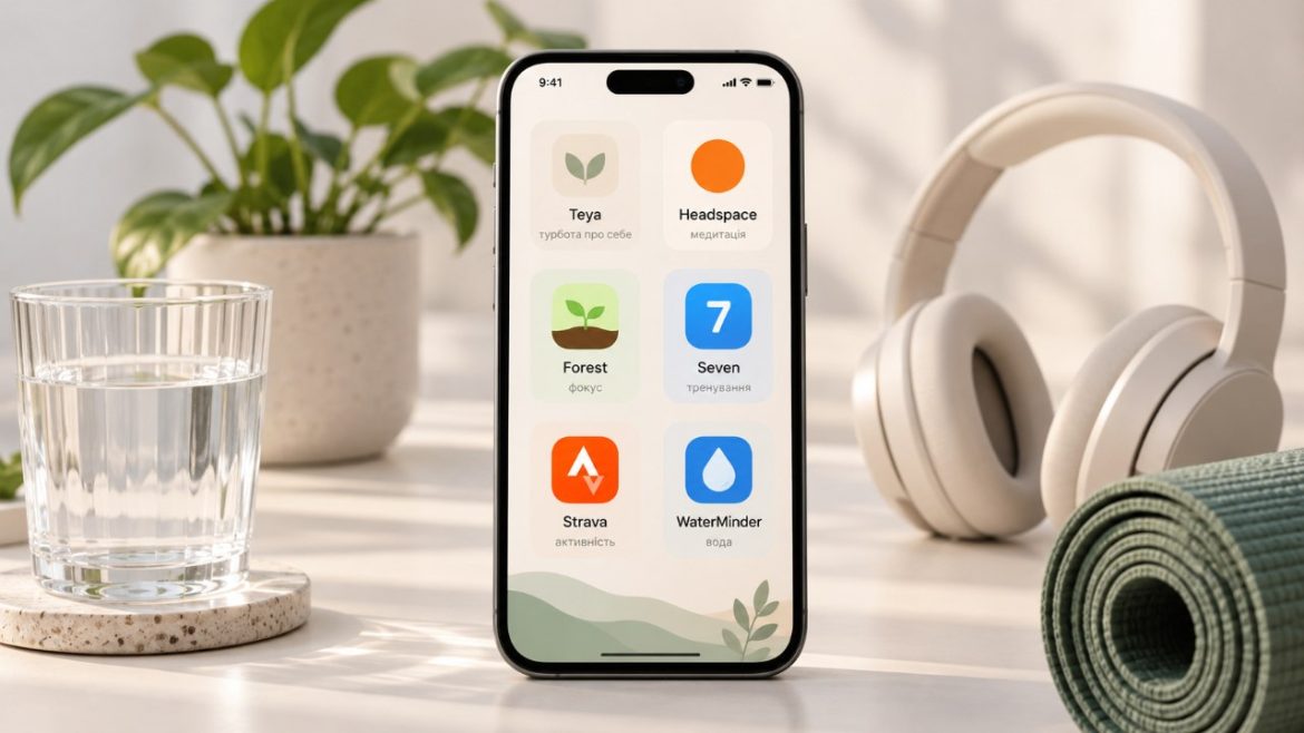Добірка корисних додатків для турботи про себе: Teya, Headspace, Forest, Seven, Strava та WaterMinder. Медитації, тренування, концентрація, відстеження активності, емоцій і споживання води.